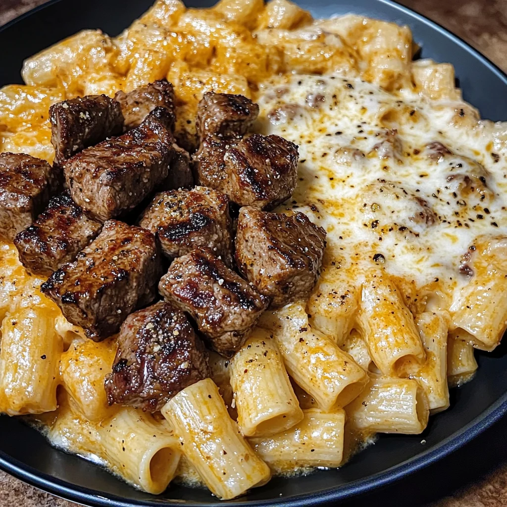 Cajun Steak Tips In Cheesy Rigatoni Parmesan Sauce