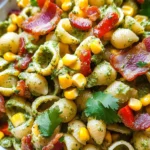 Corn Pasta Salad with Turkey Bacon and Creamy Pesto Dressing
