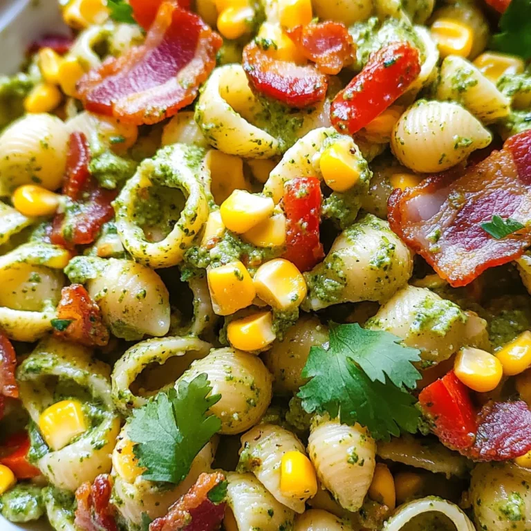 Corn Pasta Salad with Turkey Bacon and Creamy Pesto Dressing
