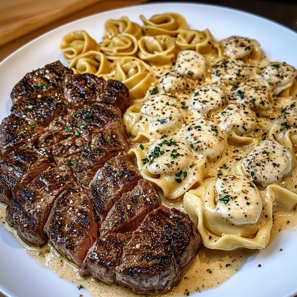 Garlic Butter Steak With Cheesy Alfredo Tortellini