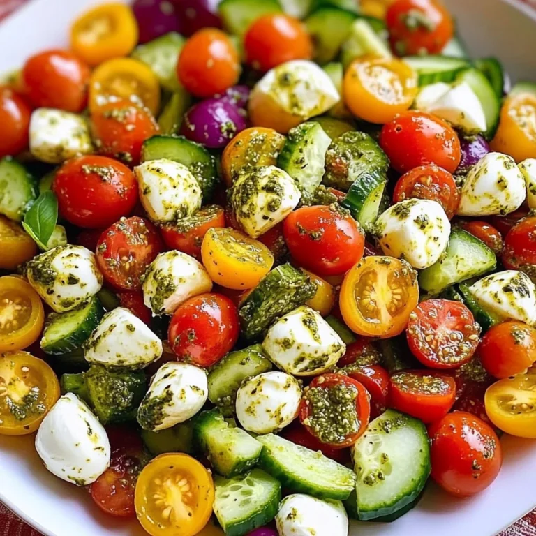 Tomato Cucumber Avocado Salad with Mozzarella and Basil Pesto