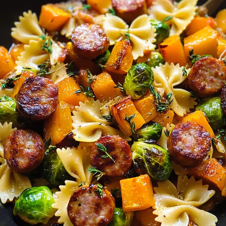 Autumn Dinner with Sausage, Pasta, Brussels Sprouts, and Butternut Squash