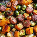 Autumn Sausage Dinner with Roasted Veggies (Butternut Squash and Brussels Sprouts)