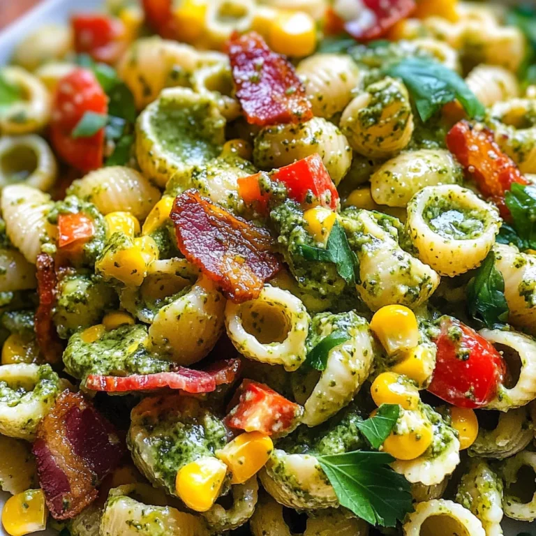 Corn Pasta Salad with Turkey Bacon and Creamy Pesto Dressing