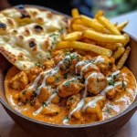 Creamy Butter Chicken with Garlic Drizzle, Fries & Warm Naan