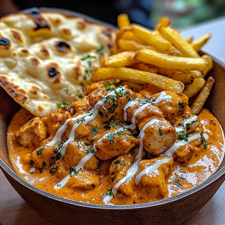 Creamy Butter Chicken with Garlic Drizzle, Fries & Warm Naan