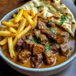 Creamy Coconut Curry Beef with Garlic Naan & Fries