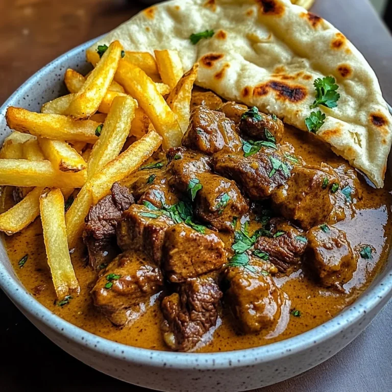 Creamy Coconut Curry Beef with Garlic Naan & Fries