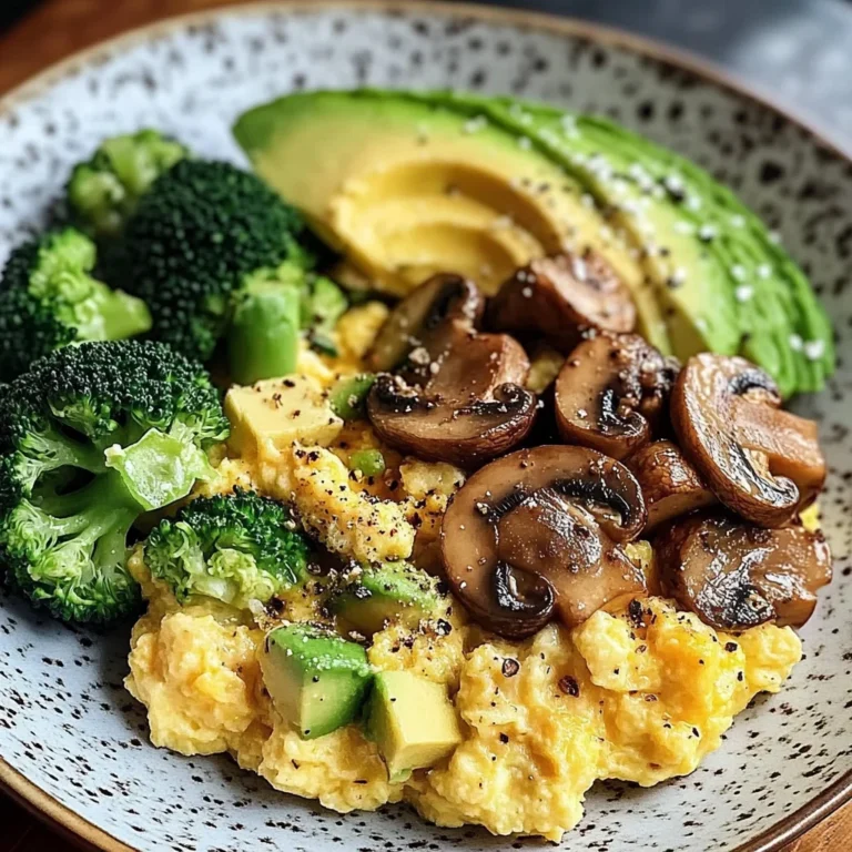 Creamy Scrambled Eggs with Avocado, Sautéed Mushrooms & Broccoli
