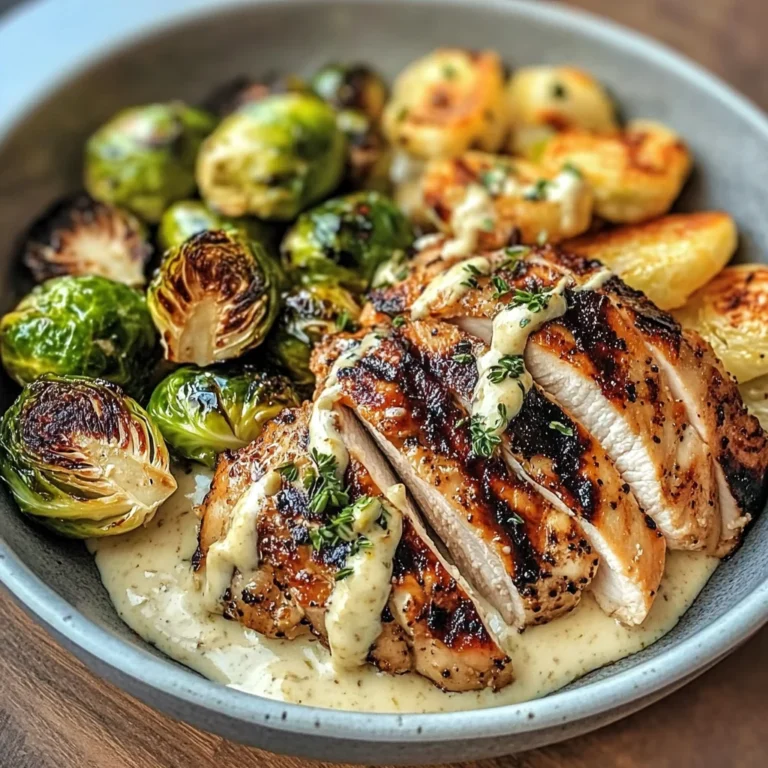 Grilled Chicken & Brussels Sprouts Bowl with Creamy Garlic-Parmesan Sauce