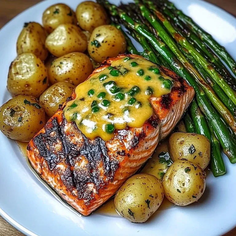 Grilled Salmon with Garlic Potatoes & Cheesy Asparagus