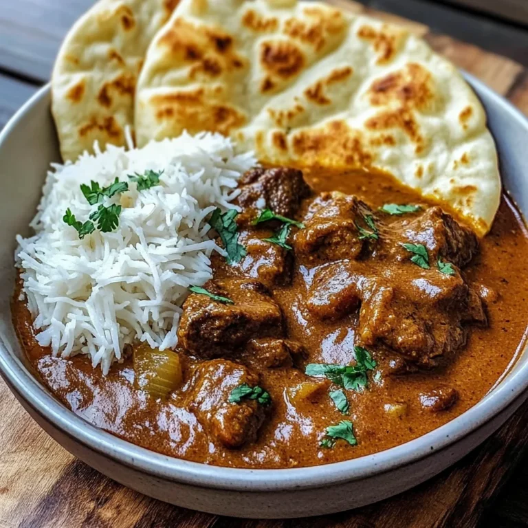 Slow-Cooked Beef Curry in Coconut Gravy with Toasted Garlic Naan