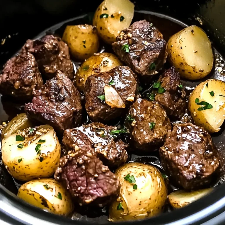 crockpot garlic butter beef bites with potatoes