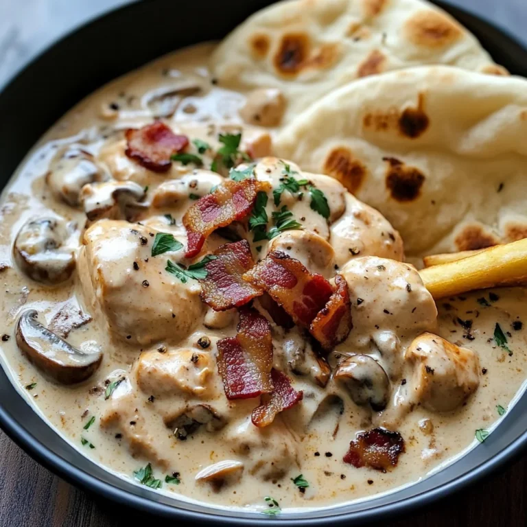 Creamy Chicken & Bacon Stroganoff with Garlic Naan, Rice & Crispy Fries