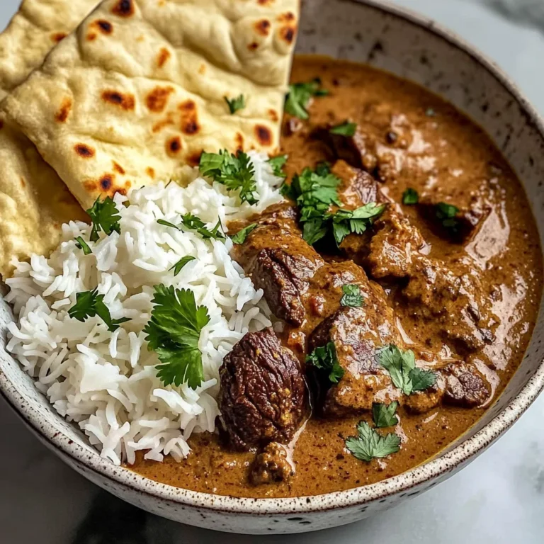 Creamy Coconut Curry Beef with Rice and Garlic Naan