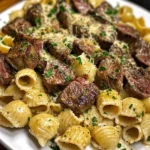 Creamy Garlic Parmesan Steak Bites with Shell Pasta