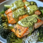 Creamy Pesto Salmon with Broccoli & Rice