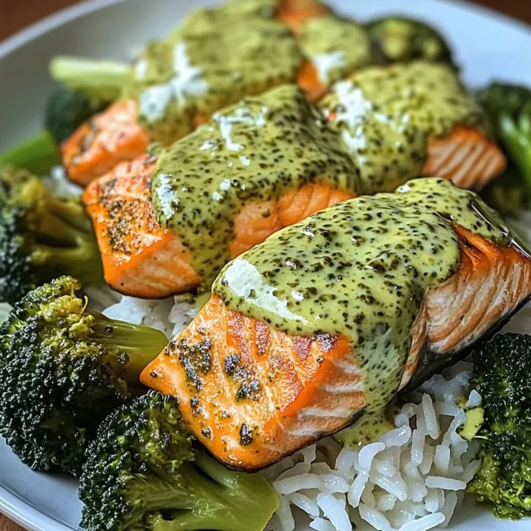Creamy Pesto Salmon with Broccoli & Rice