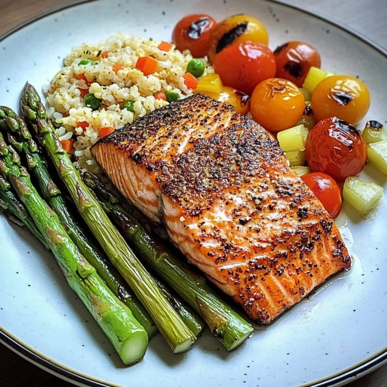 Seared Salmon with Asparagus, Cherry Tomatoes & Cauliflower Rice