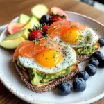 Smoked Salmon & Egg Avocado Toast Plate with Fresh Fruit & Tea