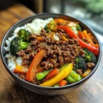 Spicy Ground Beef Stir-Fry Bowl with Garlic Veggies & Steamy Rice